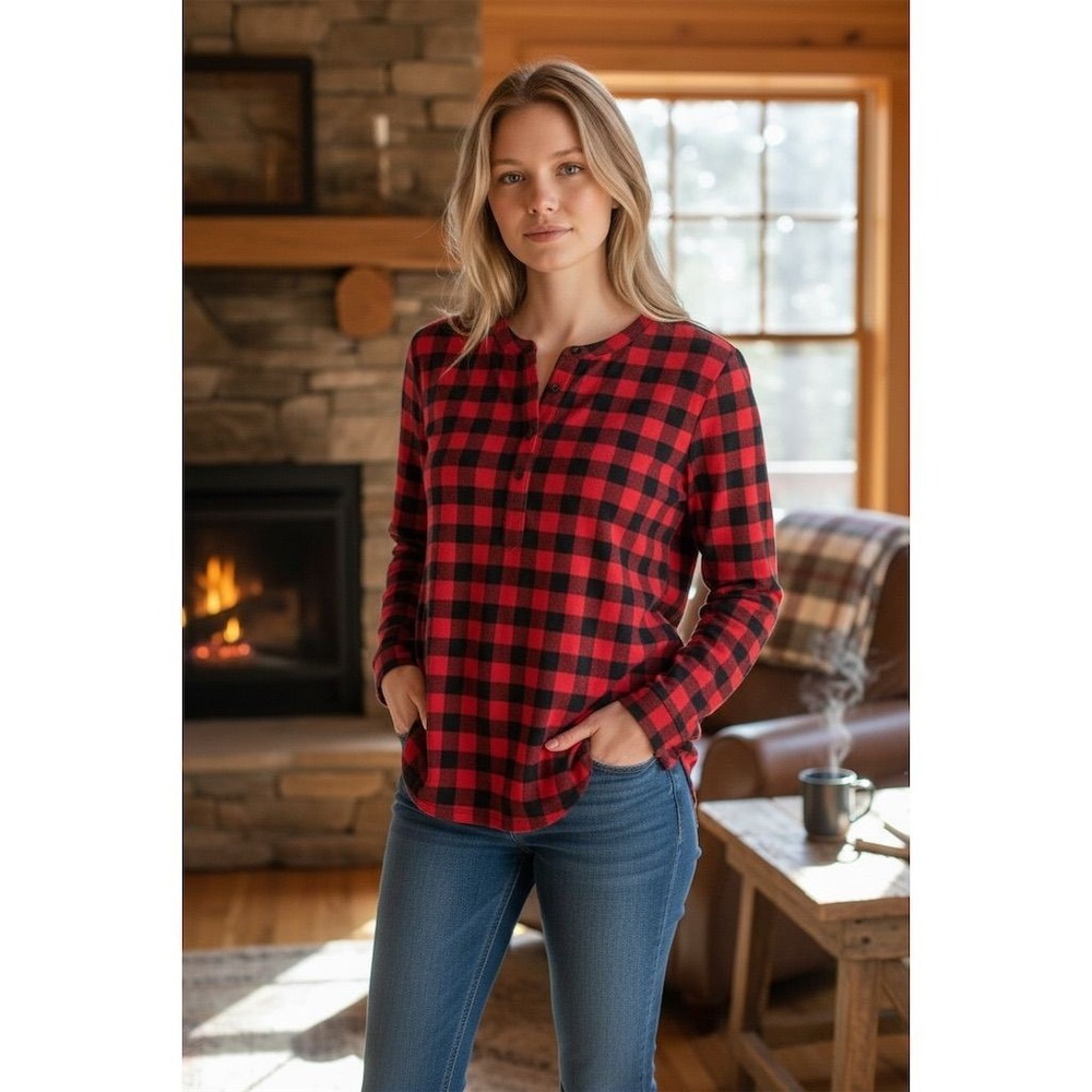 L.L. Bean Women's V-Neck Buffalo Plaid Tencel Shirt Red Sz S cabincore old money